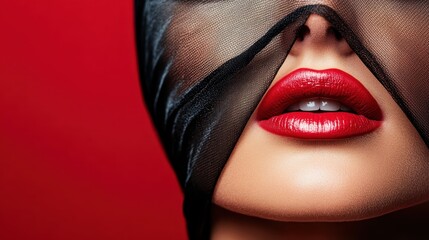 A close-up of vibrant red lips partially obscured by a sheer black fabric, creating an air of mystery and glamour against a rich red background.