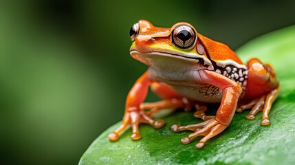 This photograph captures a vivid and colorful frog poised gracefully on a leaf showcasing its striking patterns and stunning natural beauty at its finest.