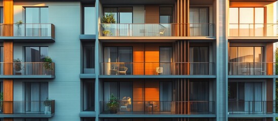 Modern apartment buildings featuring windows and balconies showcasing a contemporary complex with outdoor amenities in a stylish urban setting Mixed media