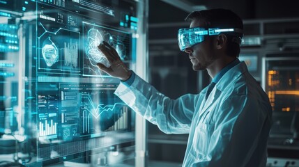 Data Scientist Using AR Glasses for Interactive Data Visualization in Futuristic Lab