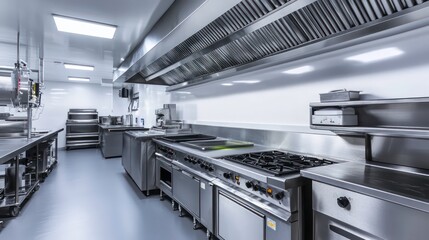 A modern, stainless steel commercial kitchen with ovens, a stovetop, and other equipment.