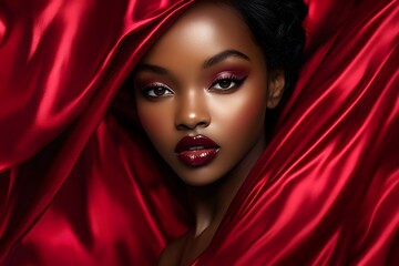close-up portrait of Black woman with dark skin and red silk around, representing fashion, glamour, elegance and confidence