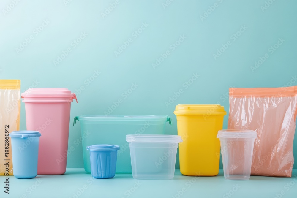 Poster A variety of vibrant reusable containers stand out against a backdrop filled with single-use plastic bags and cups, highlighting eco-friendly choices. Generative AI