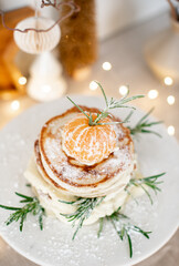 Christmas Decoration Breakfast Pancakes Decor New Year Party Concept Background