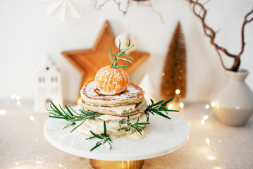 Christmas Decoration Breakfast Pancakes Decor New Year Party Concept Background