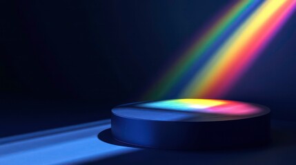 Empty navy display podium with rainbow light ray and reflections on minimal dark blue navy background, show stage pedestal for miracle, fantasy successful product curation and display, with copy space