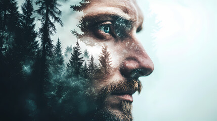 Obraz premium Mans face double exposure with trees in background. Mysticism. Illustration