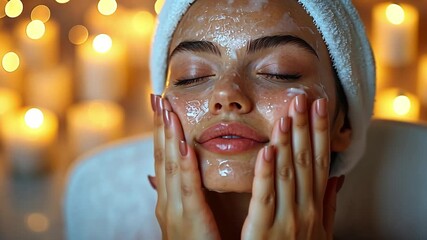 Relaxing skincare routine at a spa with candles glowing softly in the background