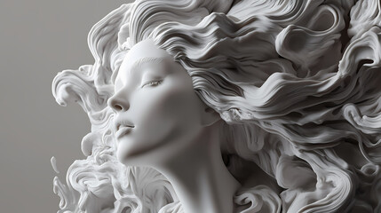 Marble statue of a woman with gracefully curly hair, creating the effect of flow and movement. generative ai. Mysticism. Illustration