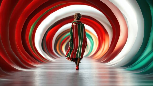 A person walks through a vividly colored tunnel, wrapped in a striped cloak, casting dramatic shadows. Bright stripes evoke mystery and transition, with a dynamic look.