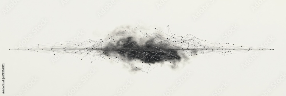 Fototapete A detailed schematic shows a data cloud with thin lines branching out, illustrating a network of connections and data exchange. Generative AI