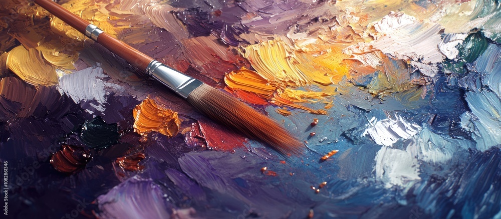 Poster a blend of various mediums including oil paint and foam on a palette accompanied by a paintbrush for