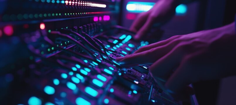 Technician Adjusting Server Control Panel in a High-Tech Data Center Environment