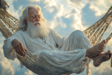 elderly man flowing white beard wears robe and sandals peacefully resting hammock clouds while sunlight bathes scene gentle glow.