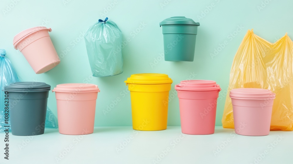 Poster colorful reusable containers are displayed against a backdrop of single-use plastic bags and cups, h