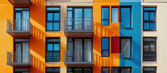 Modern apartment buildings featuring windows and balconies complemented by outdoor facilities showcasing a contemporary European architectural style Mixed media representation