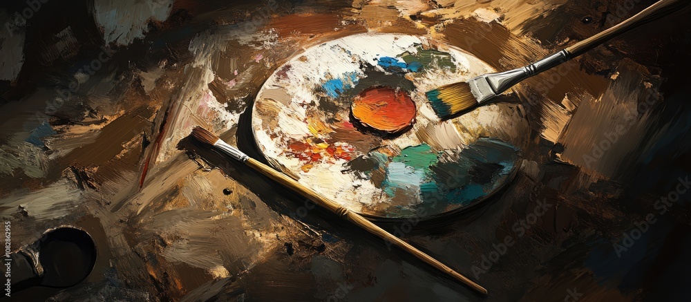 Poster a blend of various mediums including oil paint and foam on a palette accompanied by a paintbrush for