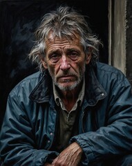 Obraz premium A striking portrayal of a disheveled homeless individual, their weather-worn face telling tales of hardship and resilience.