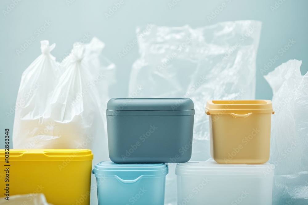Poster a set of reusable storage containers highlights waste issues among a pile of discarded single-use pl