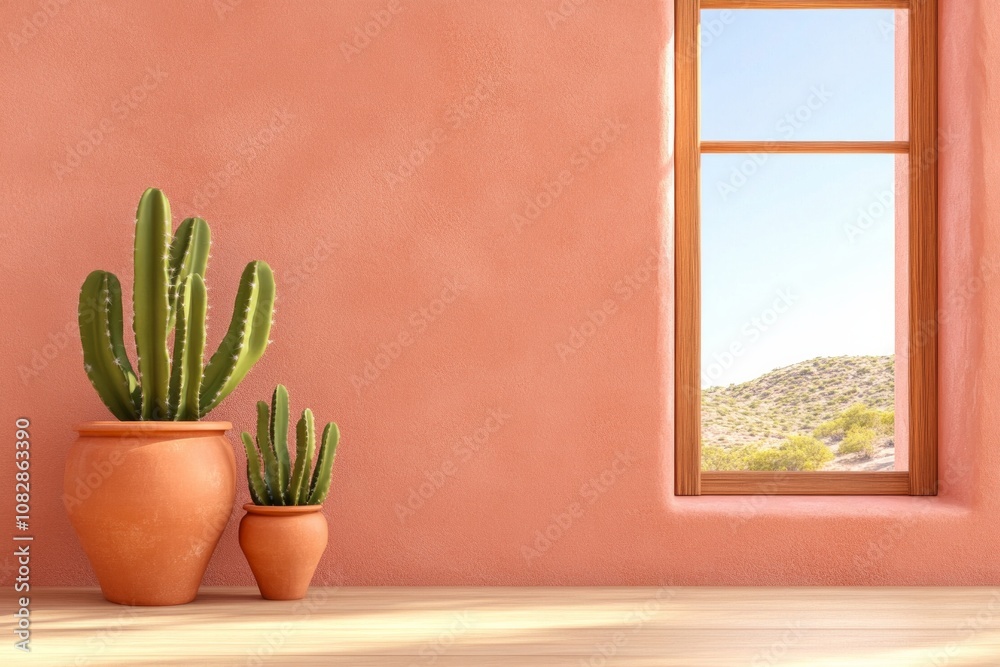 Canvas Prints Minimalist Southwestern dining area featuring adobe walls, cacti, and natural light through a large window