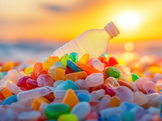 A plastic bottle sits among colorful waste on a beach at sunset, highlighting pollution.