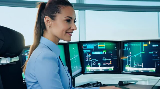 Confident air traffic controller monitoring flight data on multiple screens in a modern control tower