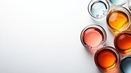 Assorted colorful liquids fill small glass bowls, creating an artistic arrangement on a clean white surface, exemplifying diversity and contrast in shades.
