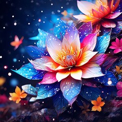 Captivating close up of flower in vivid colors, emphasizing delicate textures. Dew like droplets enhance visual appeal. For greeting card, print background, artwork needing infusion of life, color.