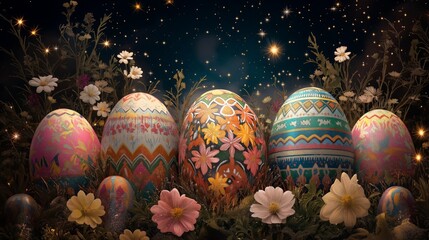 A collection of Easter eggs adorned with intricate floral patterns and vibrant colors set against a night sky with twinkling stars, creating a magical, festive atmosphere