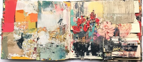 An aged calendar transformed into an art journal showcases mixed media artwork on an open spread serving as a canvas for exploring and practicing various techniques