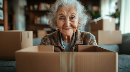 A cheerful elderly woman with short grey hair sits among cardboard boxes, smiling warmly, displaying a knitted sweater in a cozy, well-lit living room setting.