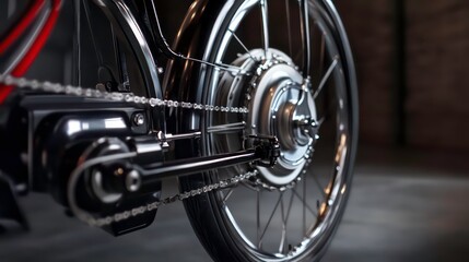 Close-up of a rear wheel of a black electric bicycle with a chrome chain and hub motor.