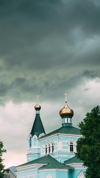 Belarus. St. John The Korma Convent Church In Korma Village, Dobrush District, Belarus. Famous Orthodox Church Against Background Of An Approaching Storm