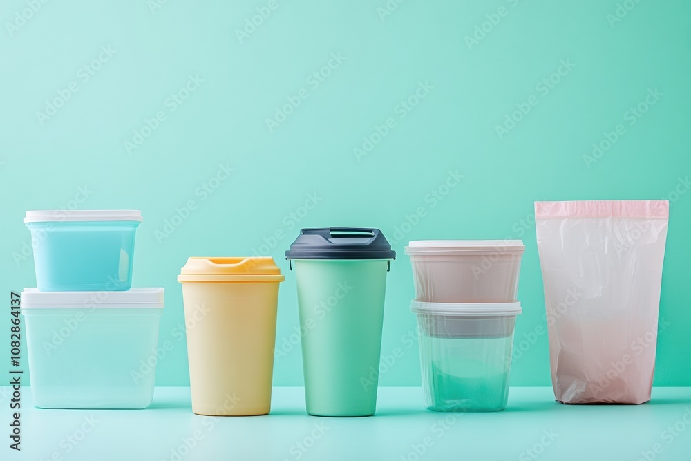 Poster various reusable containers stand out against a background of single-use plastic bags and cups, high