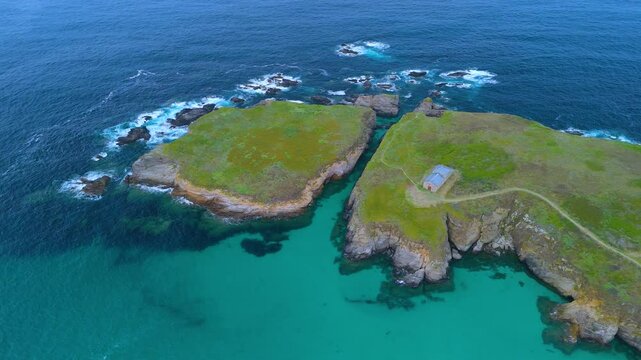 Aerial view from a drone of the coastal area, beaches and sea of ​​the Hermitage of Santa Comba in the parish of Covas. Ferrol. Province of La Coru&ntilde;a. Galicia. Spain. Europe