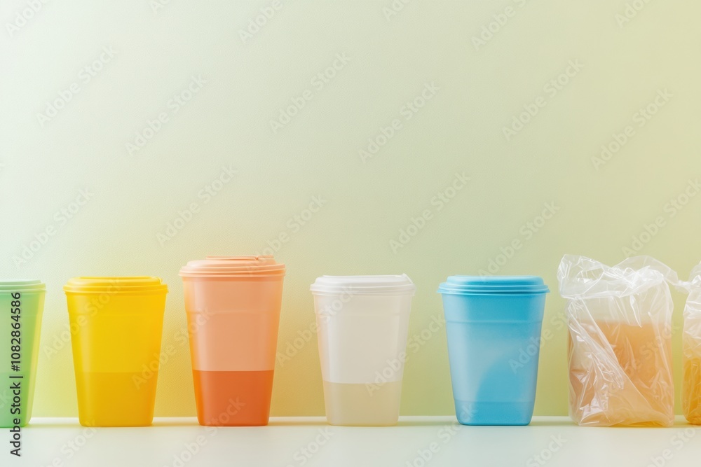 Aufkleber A collection of colorful reusable containers set against a backdrop of single-use plastic bags and cups emphasizing environmental impact. Generative AI