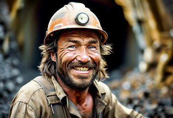 Fototapeta premium A hardworking miner smiles brightly in a coal mine while taking a well-deserved break