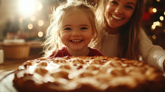 A smiling mother and daughter duo admire a large homemade pie together, surrounded by a festive kitchen setting, sharing love and happiness through baking. - Powered by Adobe