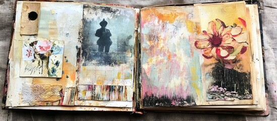 An aged calendar transformed into an art journal showcasing mixed media artwork on an open spread for exploring and practicing various techniques
