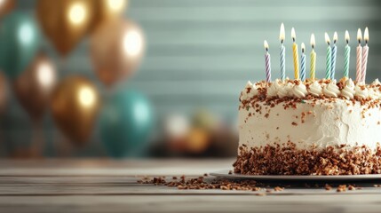 A deliciously enticing birthday cake decorated with crushed nuts around the sides and topped with nine colorful lit candles, set against a festive balloon backdrop.