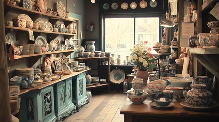 A well-stocked pottery shop with shelves of colorful ceramic items and a wooden table with more ceramics, including bowls, plates, and vases. 