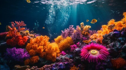 Naklejka premium Vibrant Coral Reef with Glowing Anemones and Sea Lions in a Cinematic Underwater Scene, AI generated illustration