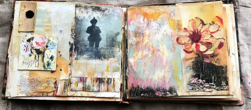 An aged calendar transformed into an art journal showcasing mixed media artwork on an open spread for exploring and practicing various techniques