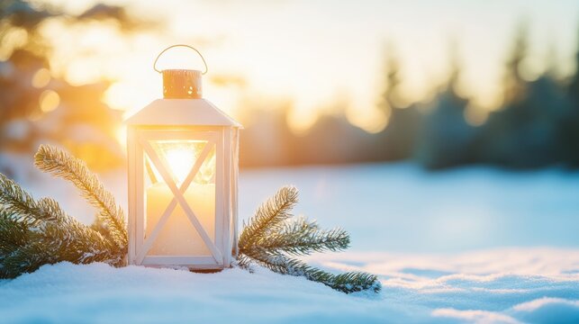 A white lantern with a candle sits on snow-covered ground, surrounded by pine branches and bathed in warm sunlight, ideal for Christmas cards, holiday promotions, or winter-themed marketing materials