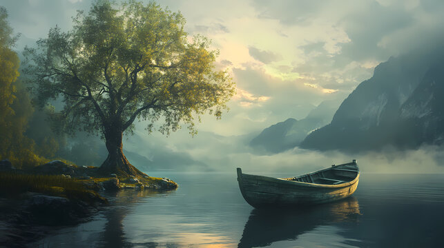 Altes ruderboot mit einem baum am ufer eines mystischen sees, generative ai. Mysticism. Illustration