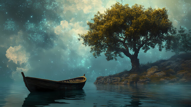Altes ruderboot mit einem baum am ufer eines mystischen sees, generative ai. Mysticism. Illustration