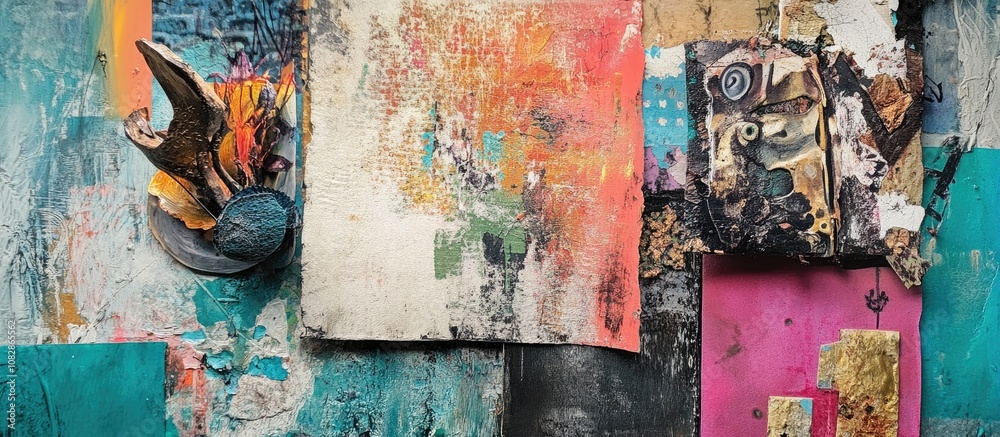 Aufkleber creative mixed media composition showcasing a blend of various materials and techniques for artistic