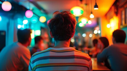 Social gathering at vibrant café nightlife scene people interacting colorful ambiance casual perspective connectedness and celebration