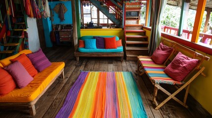 Obraz premium Colorful interior living space with vibrant furnishings cozy atmosphere natural light modern design home decor