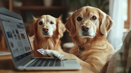 Two golden retrievers sit in front of a laptop, one holding a credit card. They are looking at the screen.